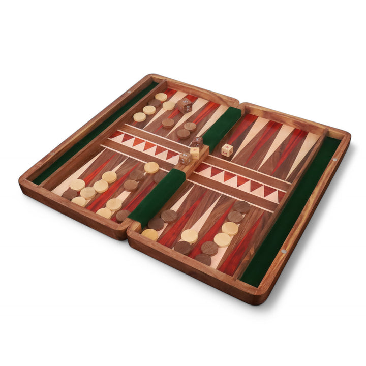 Open 16 inch luxury travel backgammon set handcrafted in golden rosewood and bud rosewood.