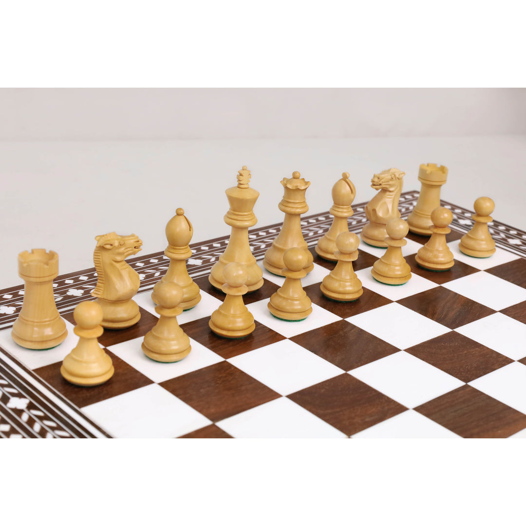 Regency Inlaid Rosewood and Maple folding chess set shown during an active chess game