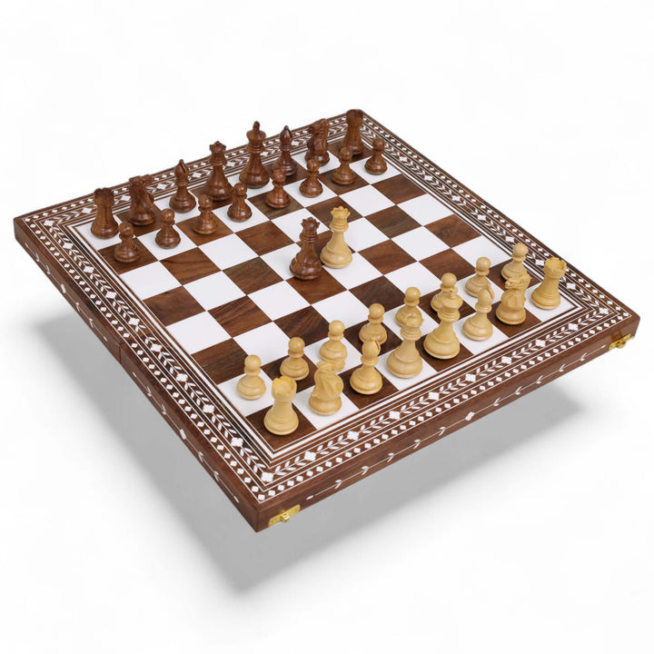 Regency Inlaid Rosewood and Maple folding chess set with handcrafted Staunton chess pieces arranged on the board