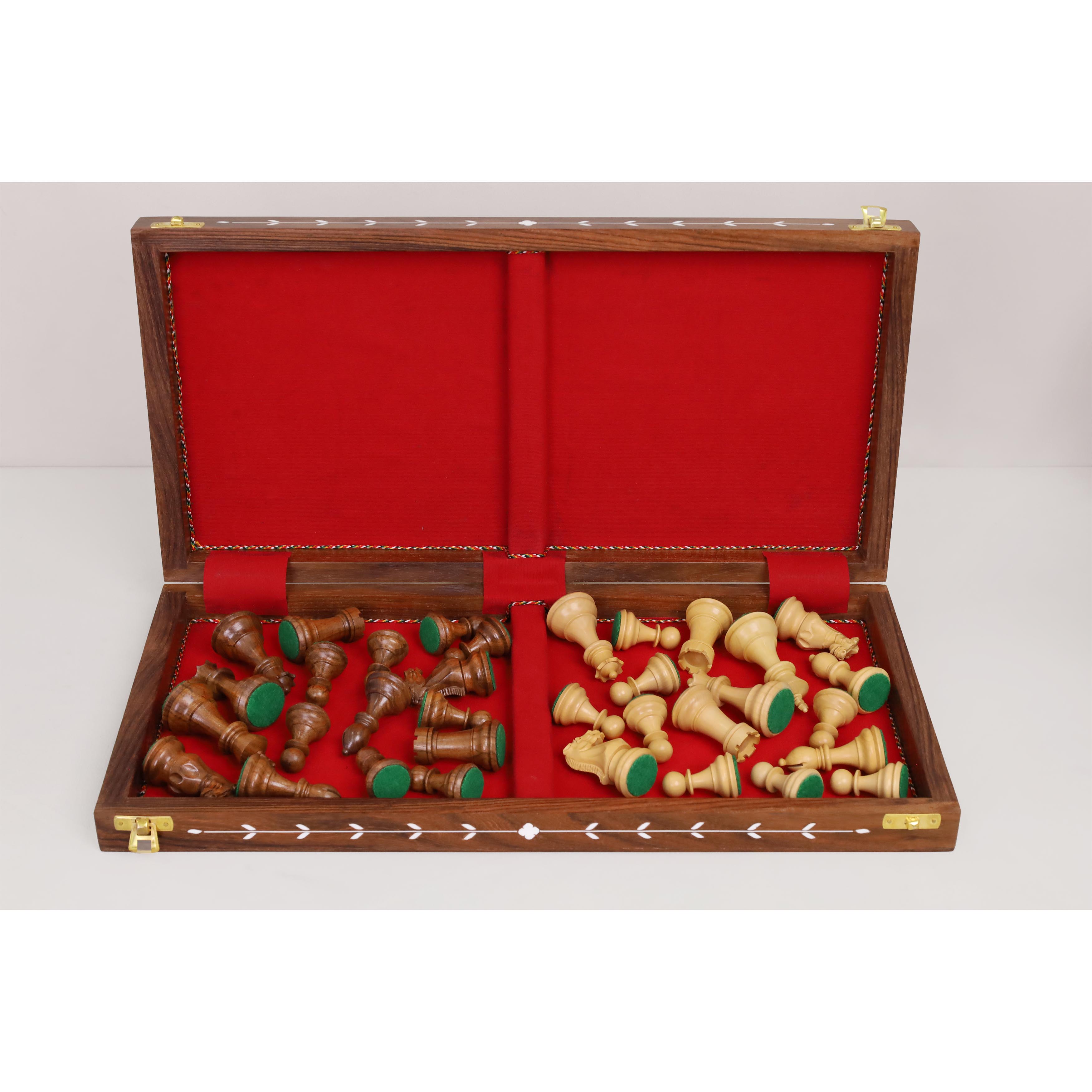 Interior storage compartment of Regency Inlaid folding chess set with red felt lining and chess pieces