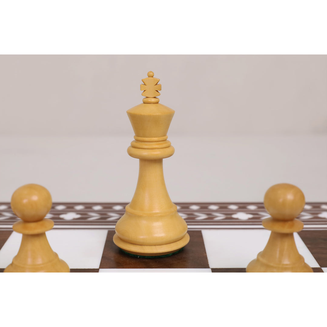 Complete maple Staunton chess pieces included with Regency Inlaid folding chess set