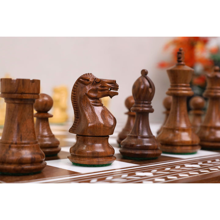 Rosewood king chess piece displayed on Regency Inlaid folding chess board
