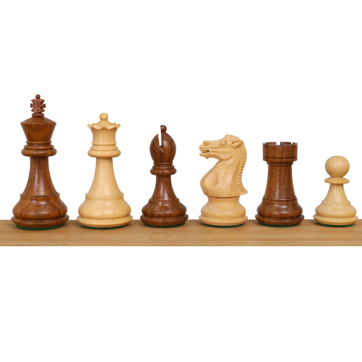 Handcrafted Staunton chess pieces included with Regency Inlaid folding chess set