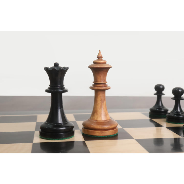 3.9 inch King and Queen chess pieces in antiqued and ebonized boxwood reproduction style.