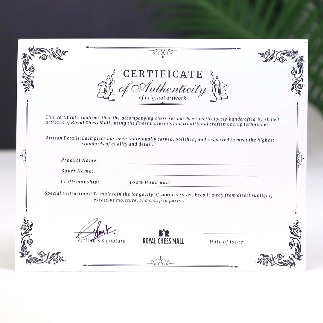 Royal Chess Mall Certificate of Authenticity for 100% handmade premium chess sets.