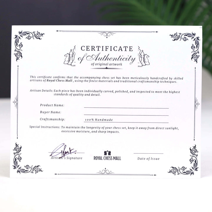 Royal Chess Mall Certificate of Authenticity for 100% handmade premium chess sets.