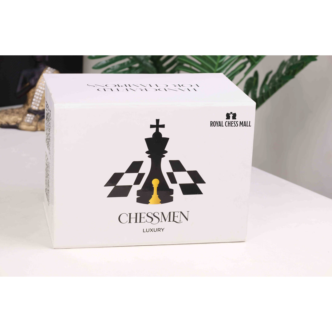 Premium white Royal Chess Mall luxury chessmen box with black Staunton graphic.