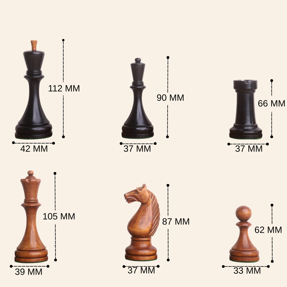Technical size chart for 1935 Botvinnik Flohr-II pieces showing a 112mm King and 62mm Pawn.