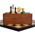 Latvian reproduction chess pieces displayed with a slide-top wooden storage box on a 21-inch board.