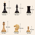 Dimensions chart for Latvian reproduction chess pieces including King height of 104mm.