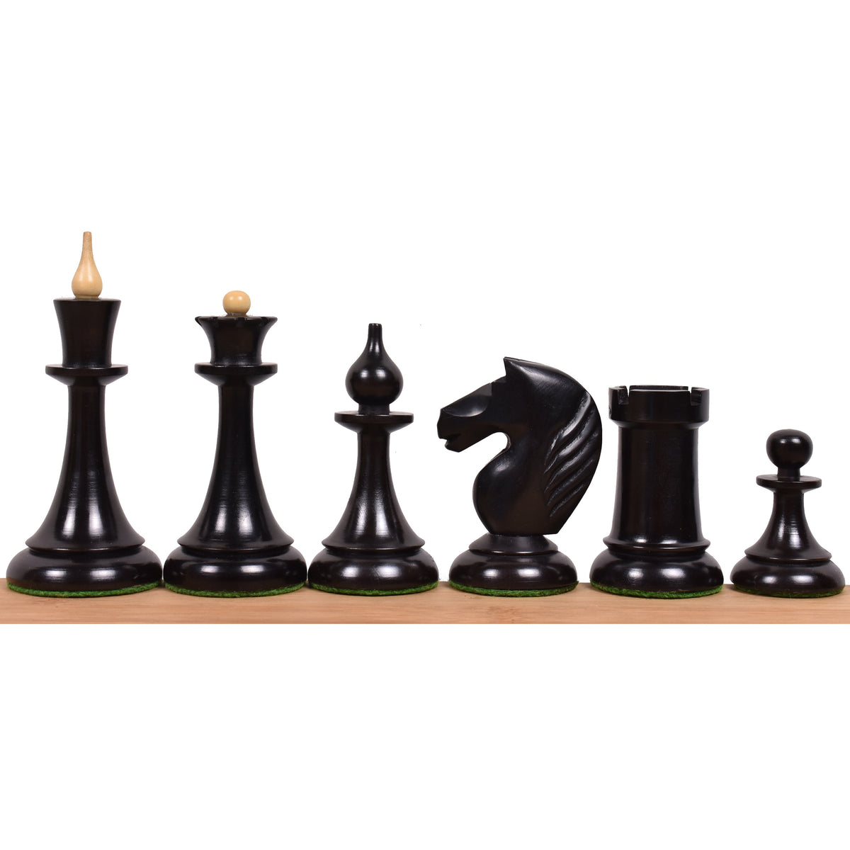 Complete set of ebonised boxwood Latvian reproduction chess pieces with iconic slender stems.