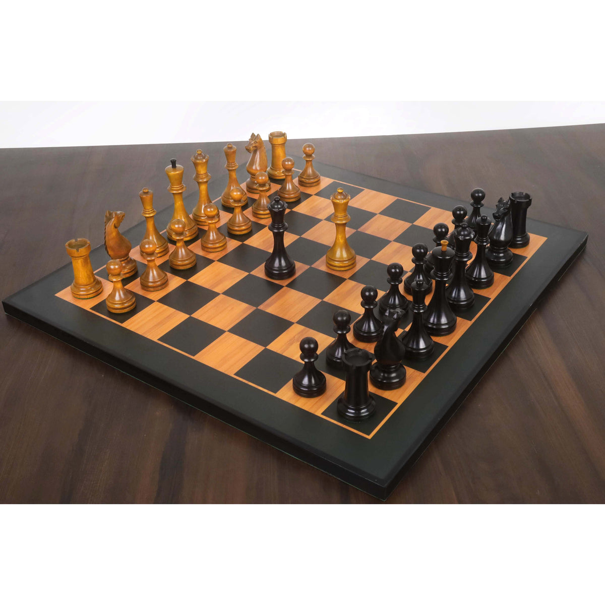1935 Botvinnik Flohr-II Soviet chess pieces arranged on a professional chess board.