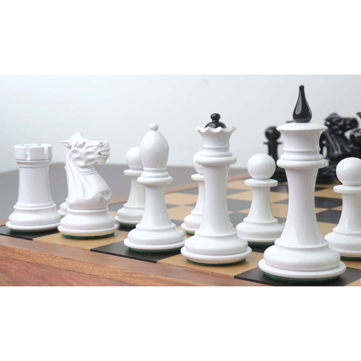 Low-angle shot of white lacquer Soviet reproduction chess pieces showing the unique king and queen finials.
