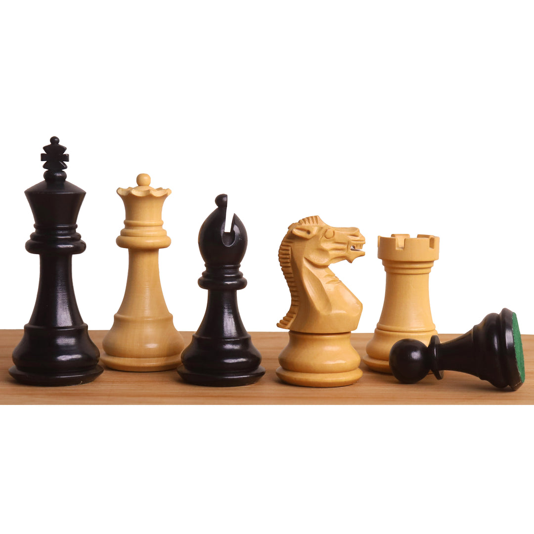 Lineup of Staunton style magnetic chess pieces in ebonized boxwood and natural boxwood finishes.