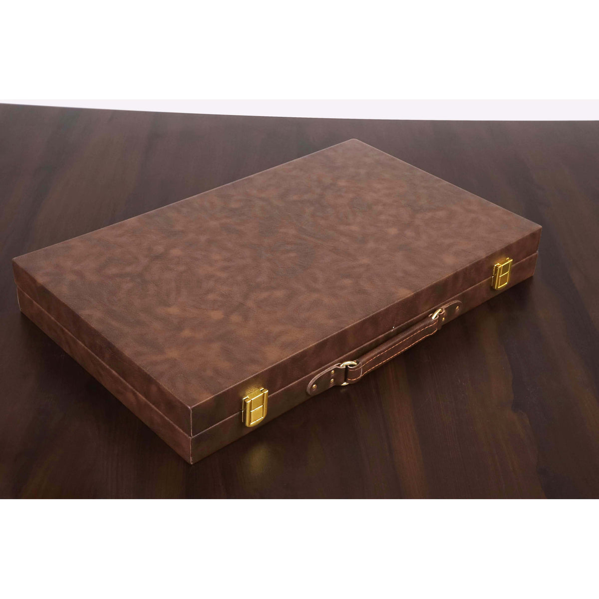Closed luxury leatherette backgammon travel case in chocolate brown with gold latches and handle.