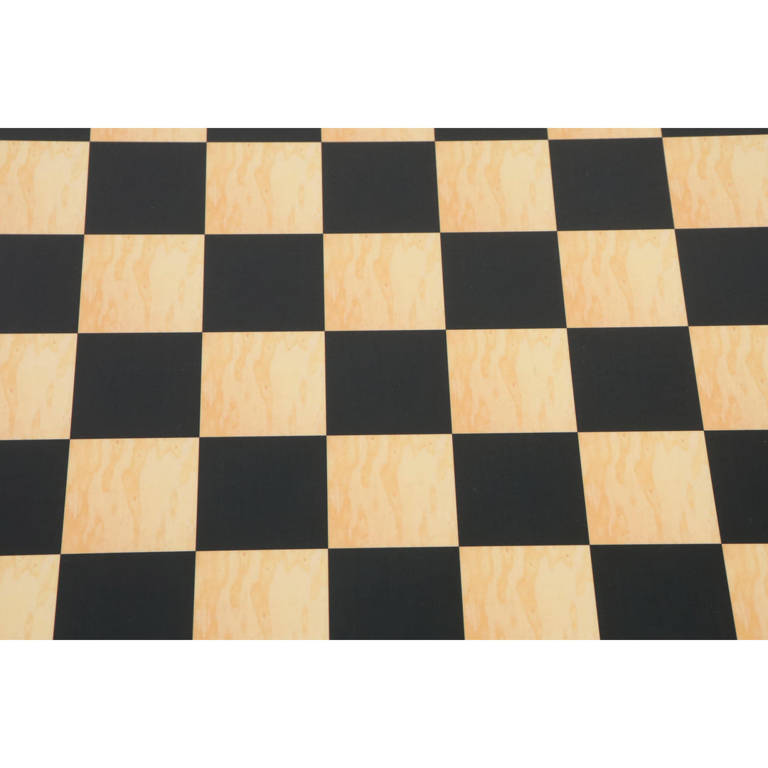 Overhead view of the wood grain pattern on a 17 inch ebony and maple printed chess board.