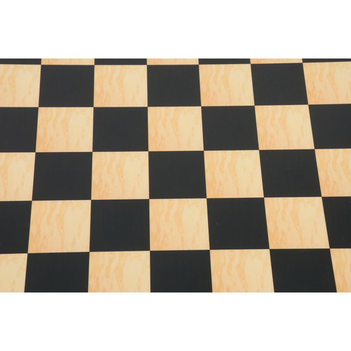 Overhead view of the wood grain pattern on a 17 inch ebony and maple printed chess board.