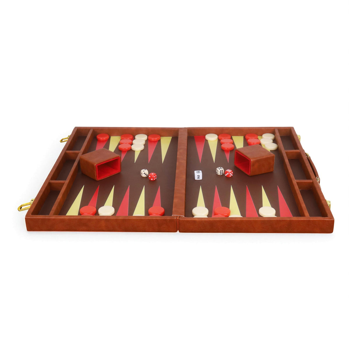 Full view of the briefcase-style travel backgammon set opened flat to show the complete playing area.