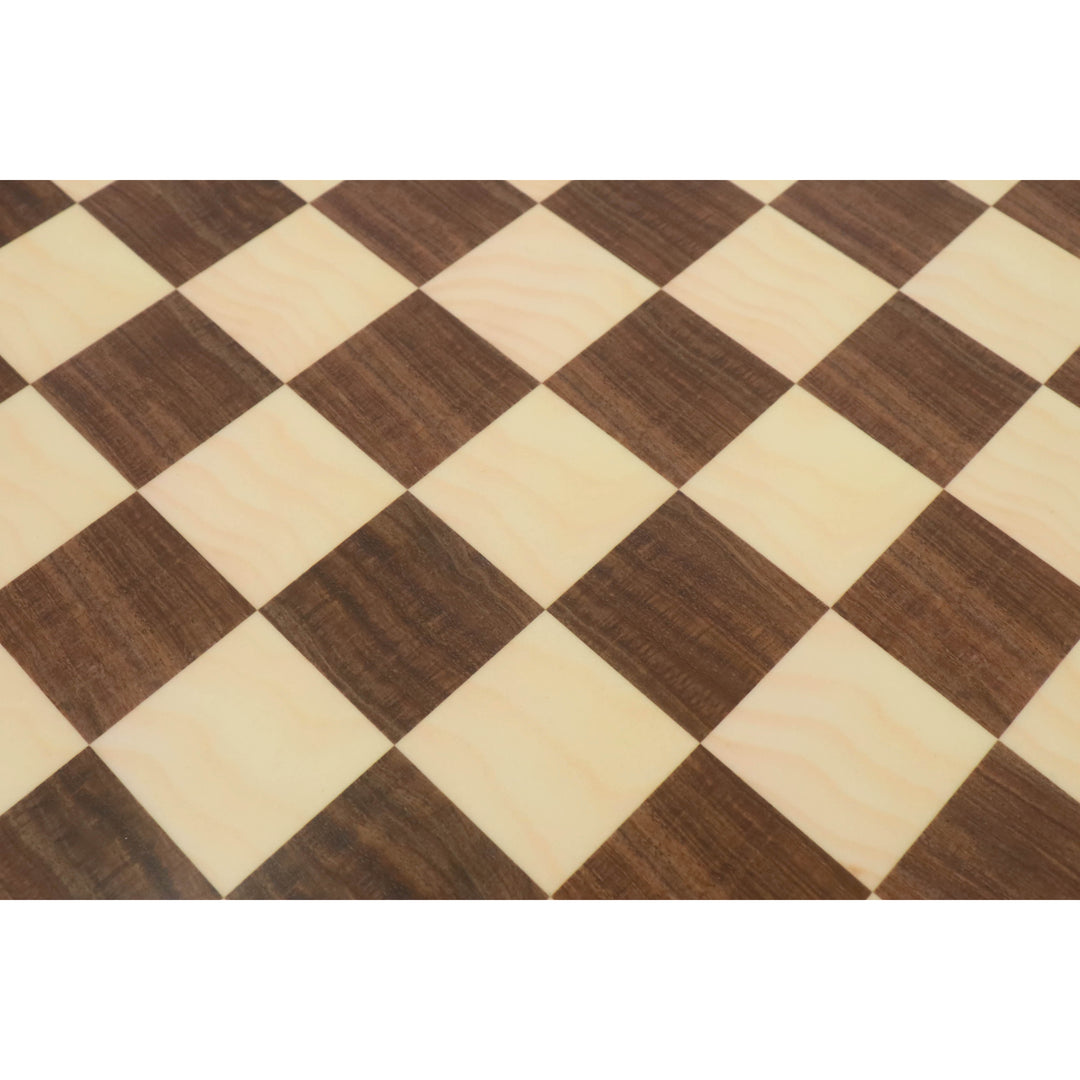 Close-up of the light maple and dark walnut printed squares on a 16 inch tournament chess board.