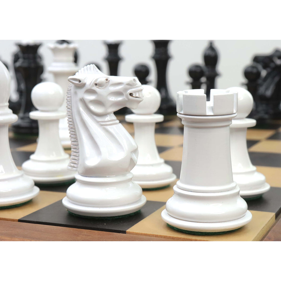 Close-up focus on a white lacquer knight and rook during a game with the Soviet reproduction set.