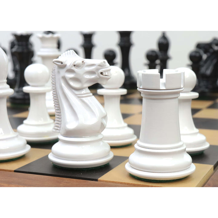 Close-up focus on a white lacquer knight and rook during a game with the Soviet reproduction set.