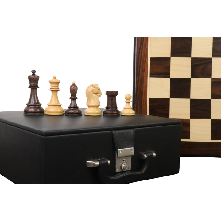 Combo de Juego de Ajedrez Fischer Dubrovnik de los años 50 - Piezas de madera de boj y teñidas de caoba con tablero de ajedrez de 21" y caja de almacenamiento de cofre de polipiel