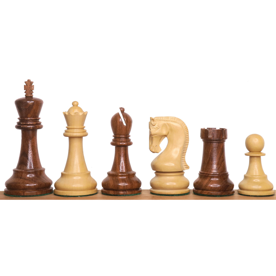 Pezzi di scacchi in bosso Leningrad Staunton ebanizzato da 4" con scacchiera in palissandro dorato e acero da 21" e scatola di stoccaggio in palissandro dorato