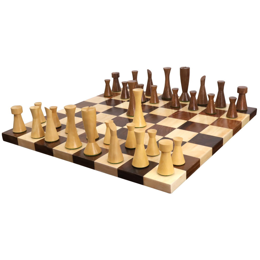 Pezzi per scacchi pesati della serie Minimalist Tower da 3,4" con scacchiera senza bordi in legno duro a grana fine - Palissandro dorato