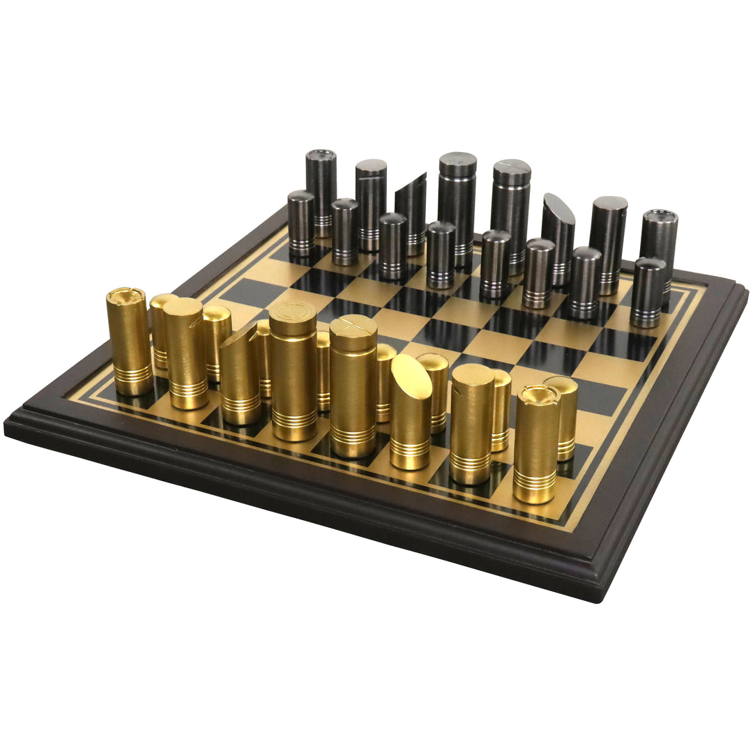 Ensemble de pièces d'échecs et d'échiquier de luxe en laiton et métal de 14" de la série Tower - Or et Gris