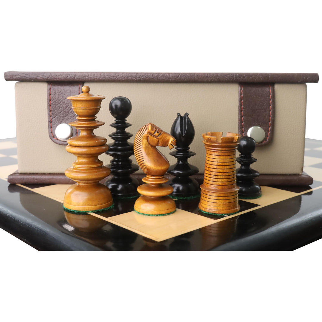 Set di scacchi St. John Pre-Staunton Calvert da 3,3" - Pezzi in legno d'ebano con scacchiera da 19 pollici e scatola per riporre gli oggetti