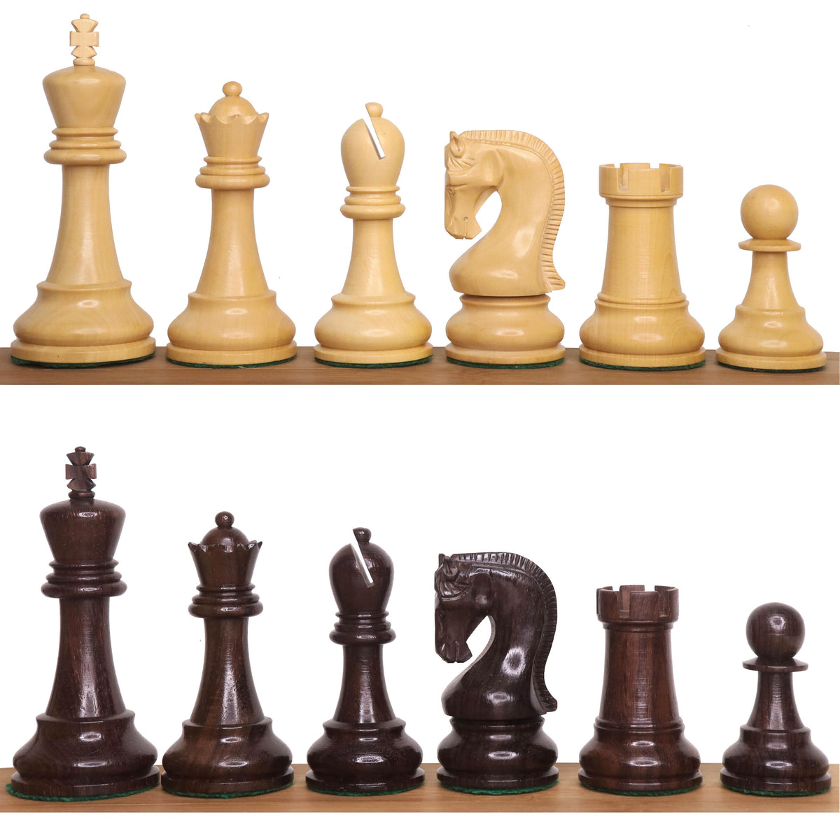 Complete set of 4 inch Leningrad Staunton chess pieces in rosewood and boxwood.