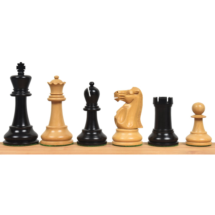 3.9" Lessing Staunton schaakstukken van ebbenhout met drie gewichten, 21" schaakbord van ebbenhout en esdoornhout en een opbergdoos in boekvorm.