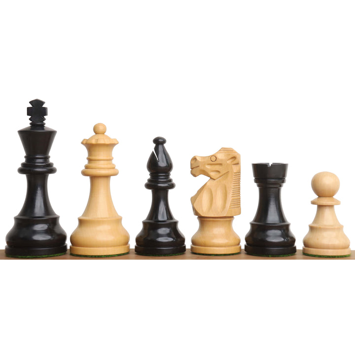 Reproduzierte französische Lardy Staunton Schachfiguren - Ebonisiertes Buchsbaumholz mit 19" eingelegtem Schachbrett aus Ebenholz und Ahornholz und Aufbewahrungsbox im Buchstil