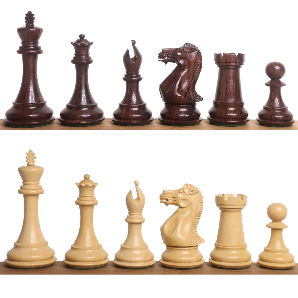 Full lineup of 4-inch sleek Staunton luxury chess pieces in dark rosewood and light boxwood, arranged in two rows.