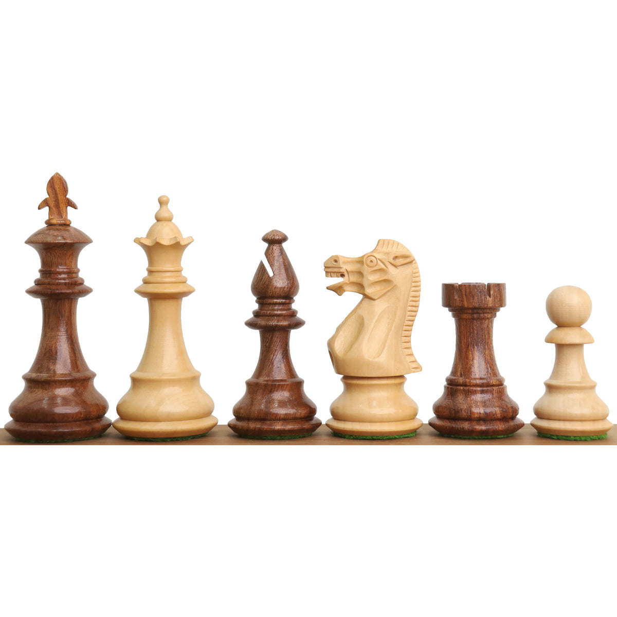 Alternating golden rosewood and boxwood 3.7" British Staunton chess pieces lined up from King to Pawn.