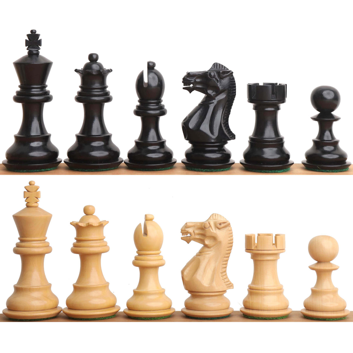 Full set of 3.1 inch Pro Staunton luxury chess pieces in dark ebony and light boxwood.