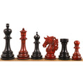 The full set of 4.6" Prestige Luxury Staunton chess pieces in Bud Rosewood and Ebony aligned on a wooden surface.