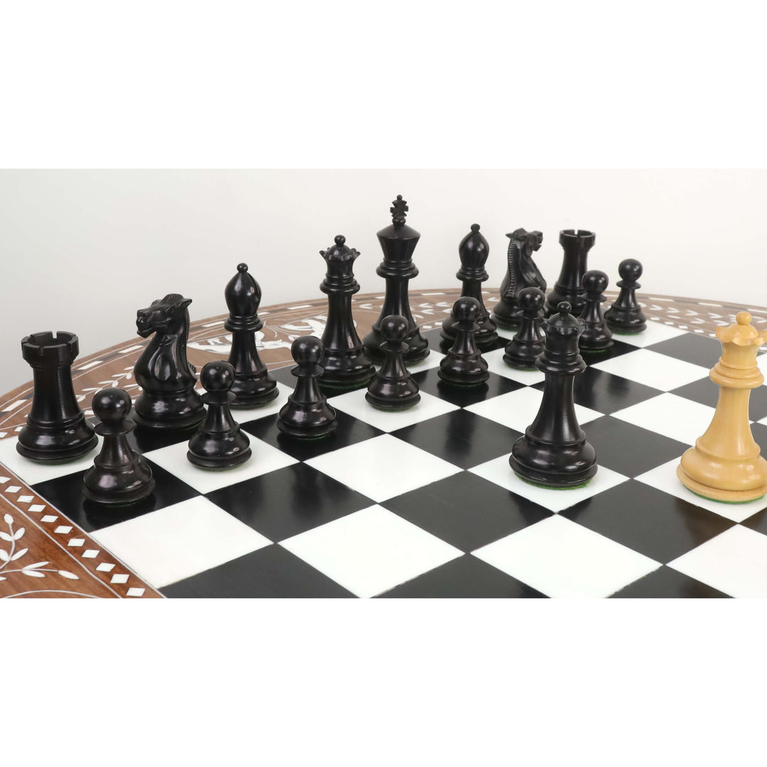 24" Boutique Luxury Round Chess Board Table con pezzi di scacchi Staunton - Legno di bosso ebanizzato appesantito