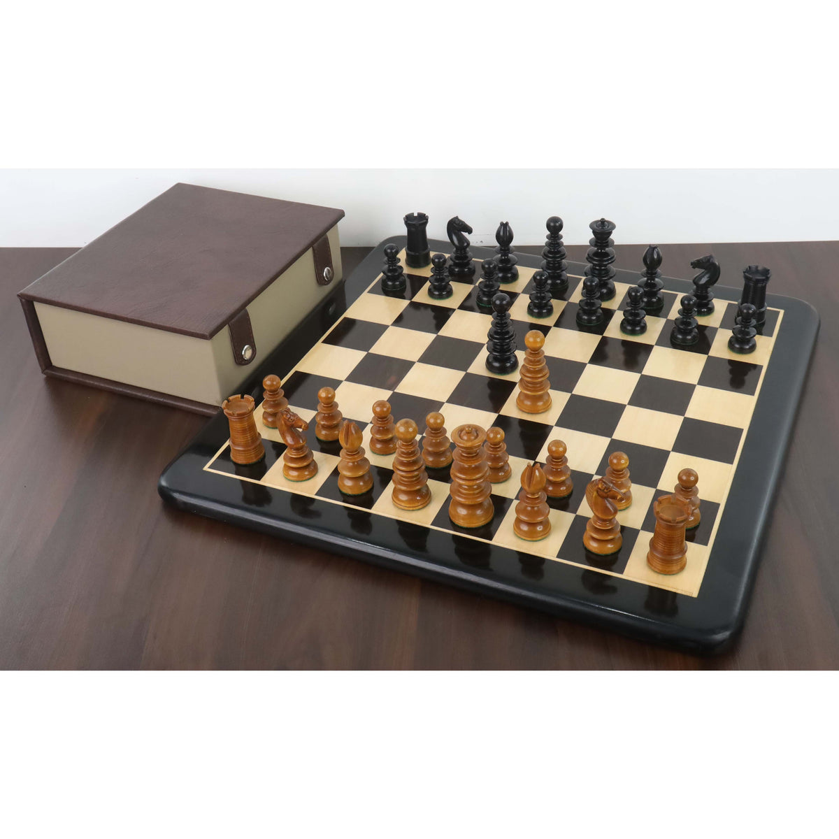 Full St. John Pre-Staunton Calvert chess set on a 19-inch board with box.