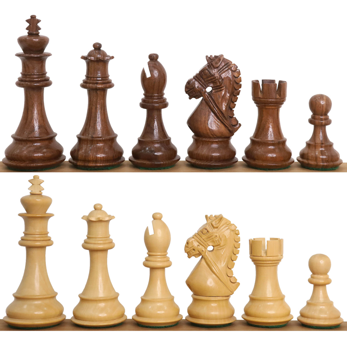 Full lineup of 4 inch Bridle Staunton luxury chess pieces in golden rosewood and light boxwood.