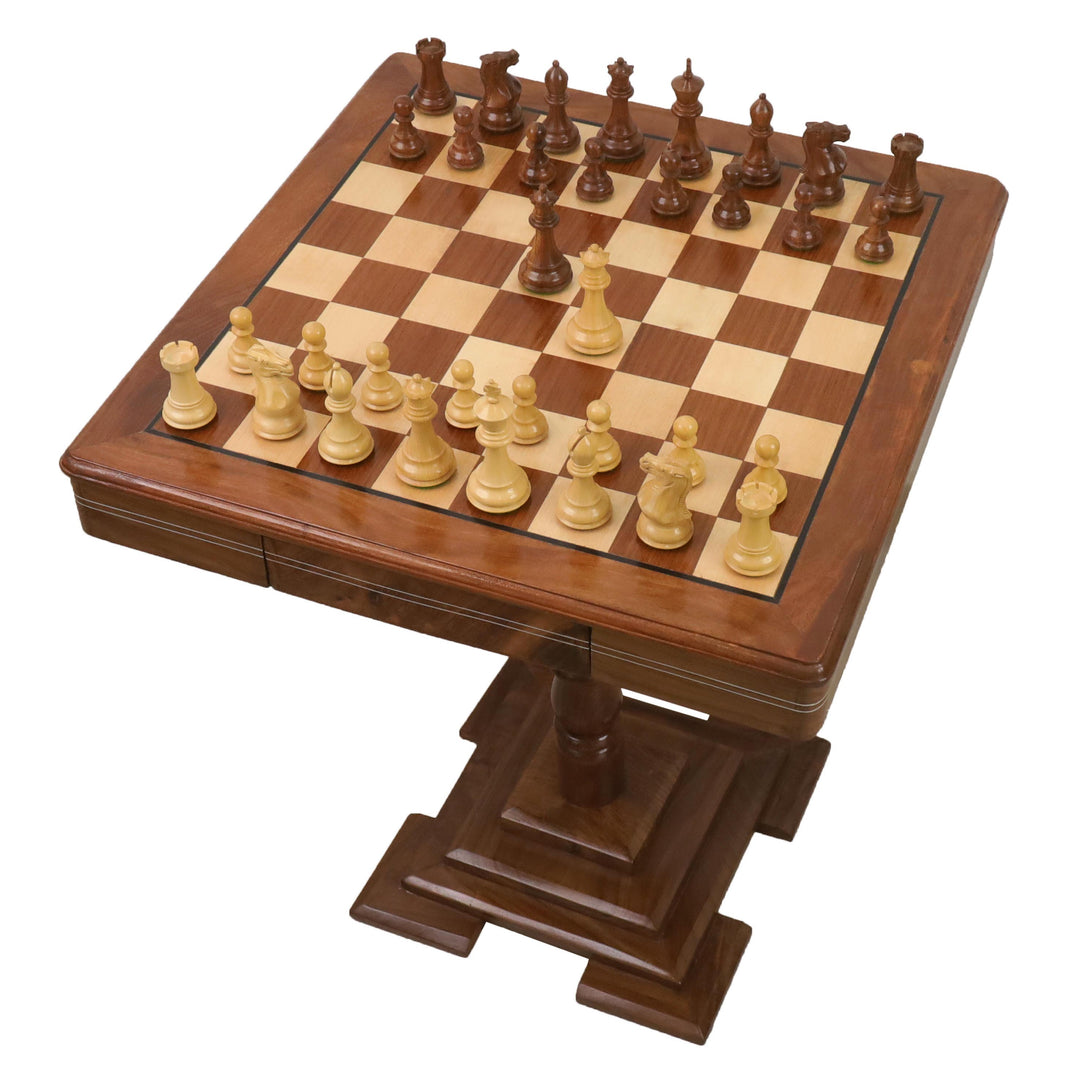 Table d'échiquier en bois de 20" avec pièces d'échecs Staunton - Bois de rose doré et érable