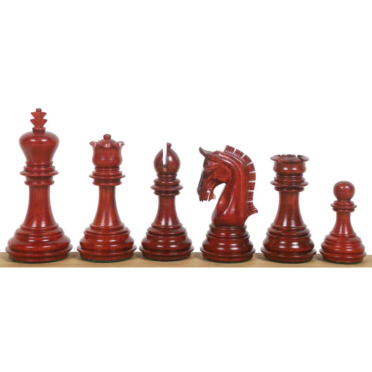 Lineup of six dark 3.8" Imperial Staunton chess pieces in bud rosewood, from king to pawn.