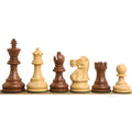 Complete front-facing lineup of golden rosewood and boxwood pieces from the Reykjavik Series Staunton chess set.