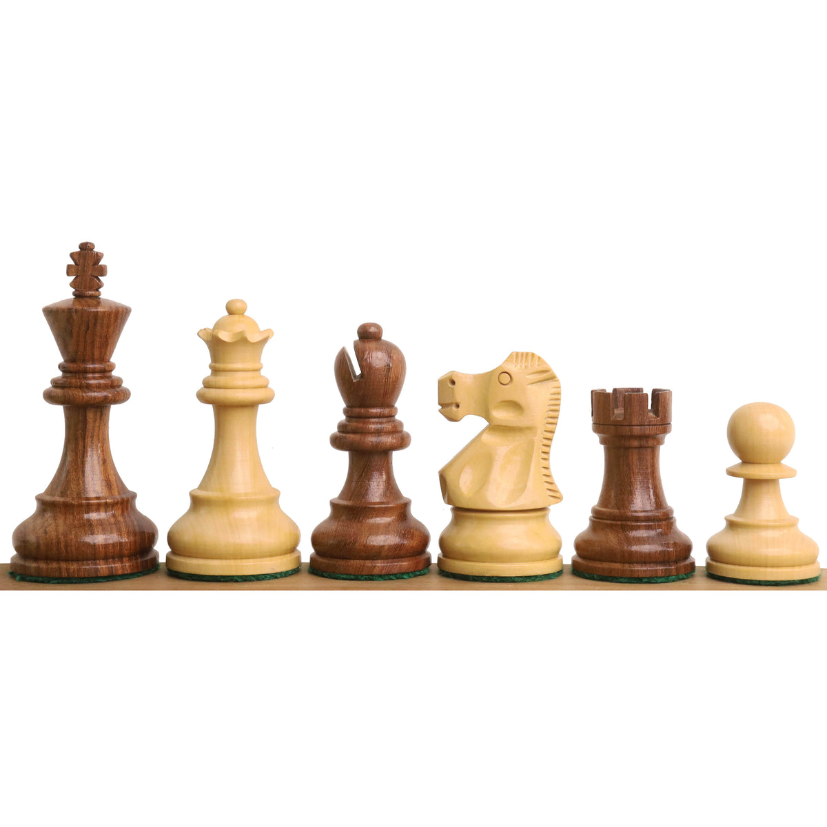 Complete front-facing lineup of golden rosewood and boxwood pieces from the Reykjavik Series Staunton chess set.
