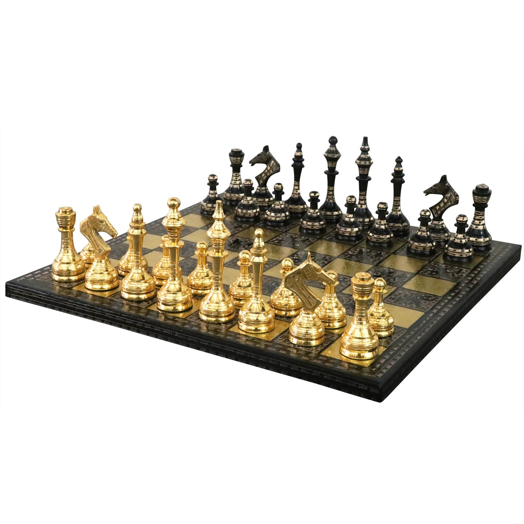 Sowjetisch inspirierte Messing-Metall-Luxus-Schachfiguren & Brettsatz - 14" - Schwarz & Gold - Einzigartige Kunst
