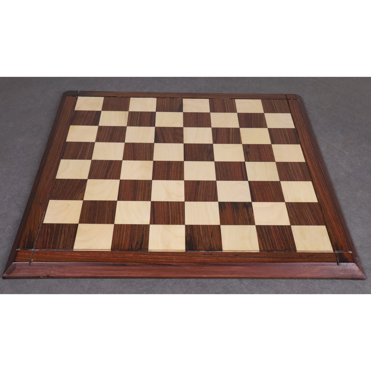 wide-angle view of the 23" Players Choice Rosewood and Maple wooden chess board with a smooth semi-matte finish.