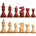 Complete set of Pro Staunton luxury chess pieces in dark Bud Rosewood and light Boxwood.
