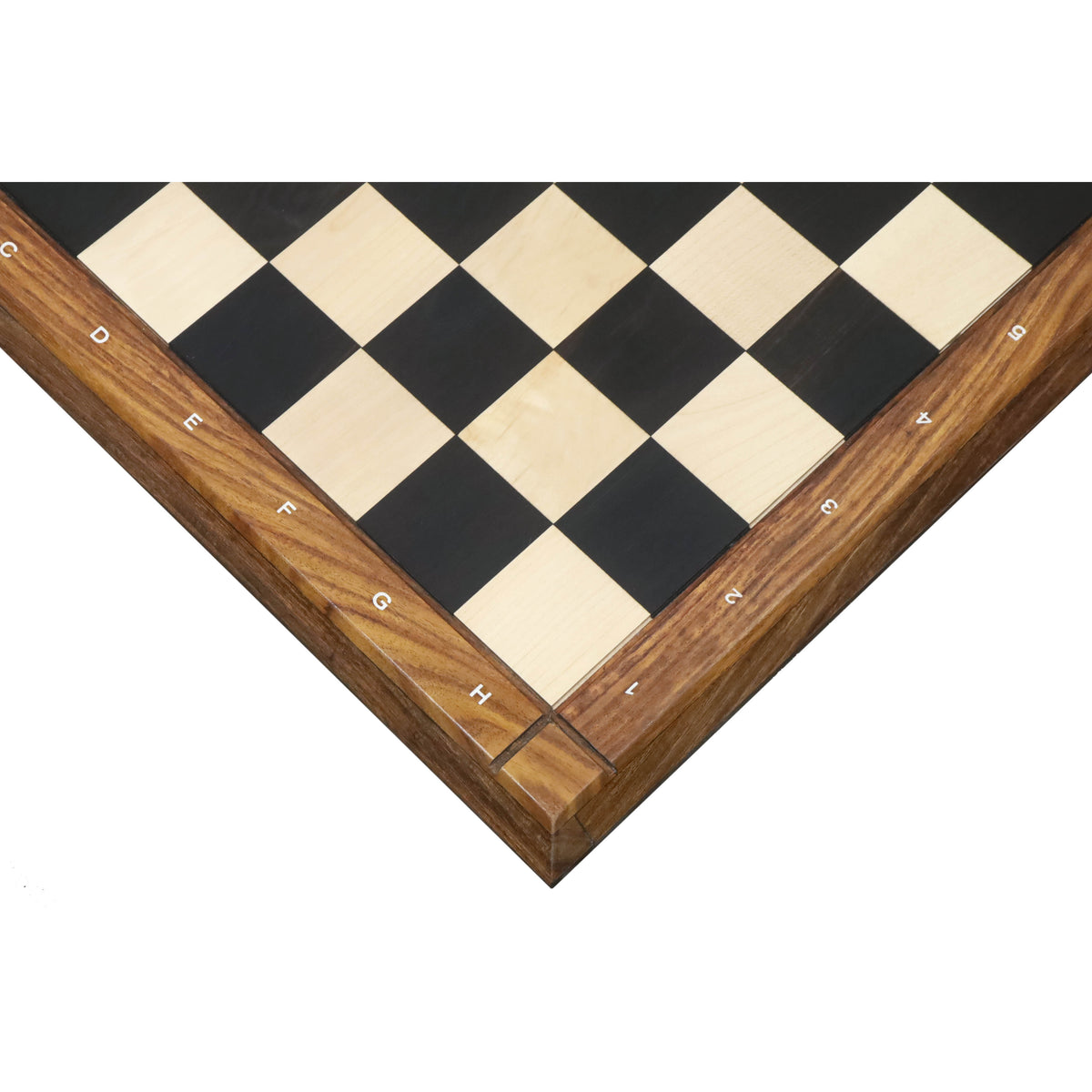 Close-up of a 21-inch Players Choice Ebony and Maple wood chess board corner showing white algebraic notations.