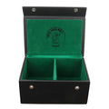 Open black leatherette box with green felt lining and Royal Chess Mall logo for storage.