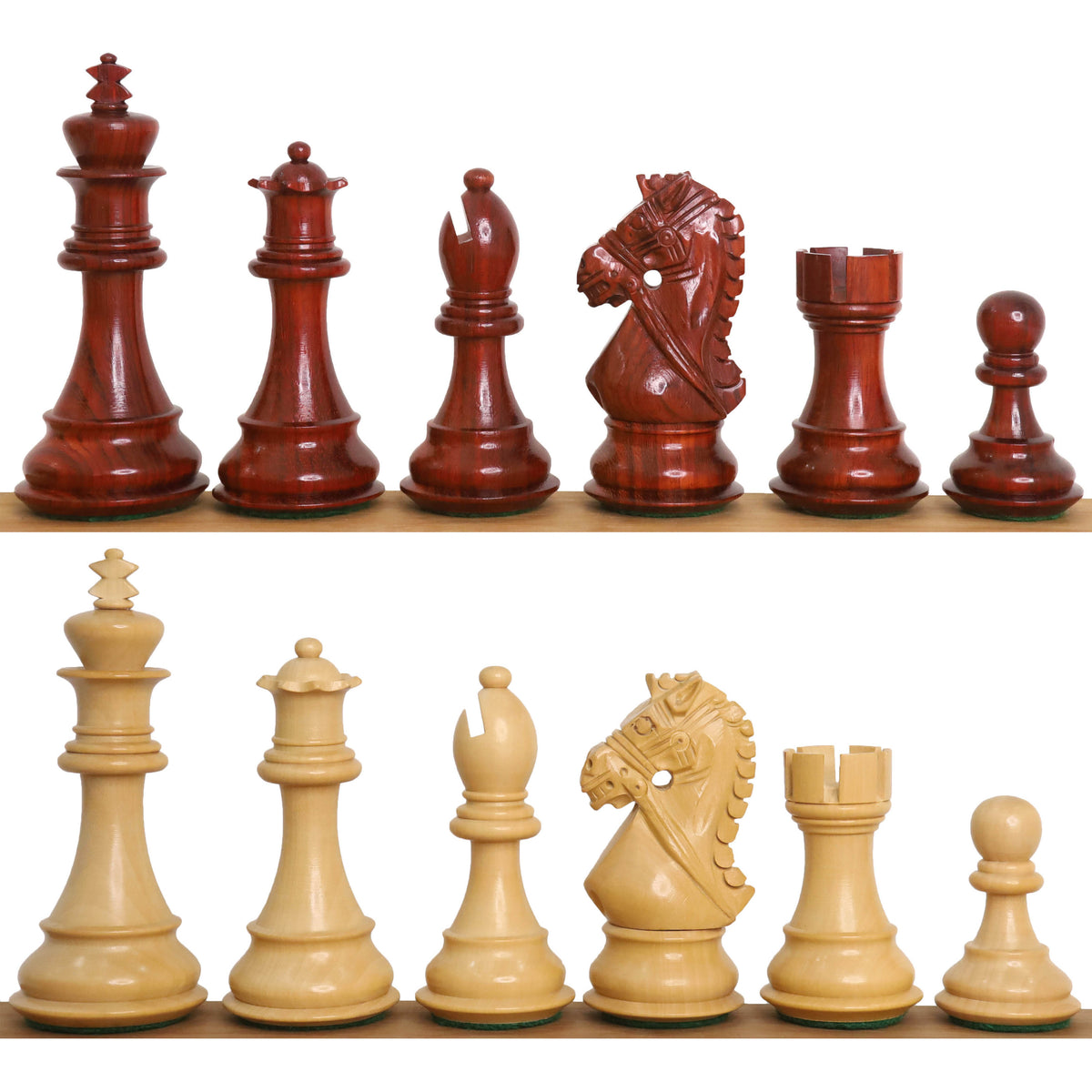 Bridle Staunton luxury chess pieces in a full lineup featuring bud rosewood and boxwood finishes.